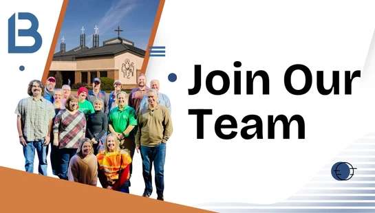 A recruitment graphic that says 'Join Our Team' and features a photo of a large group of smiling people posing outside a modern church building.